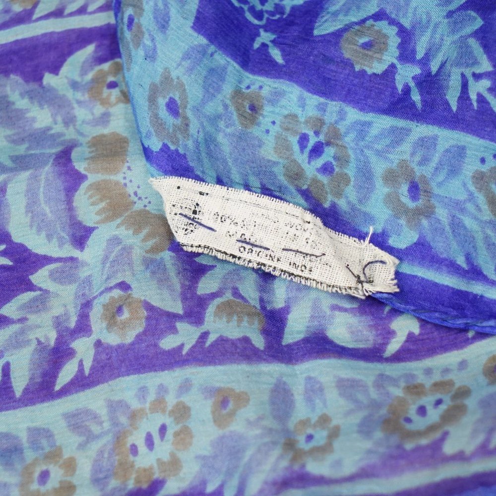 100% Silk Vintage India Hand Woven Scarf Blue Purple Watercolor Floral Pattern
